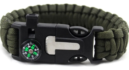 Pulseira De Paracord Verde Com Bússola + Apito + Pederneira
