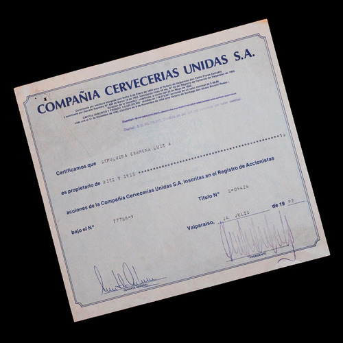 ¬¬ Acciones Antiguas Chile / Cervecerías Ccu / Año 1992 Zp (Usado)