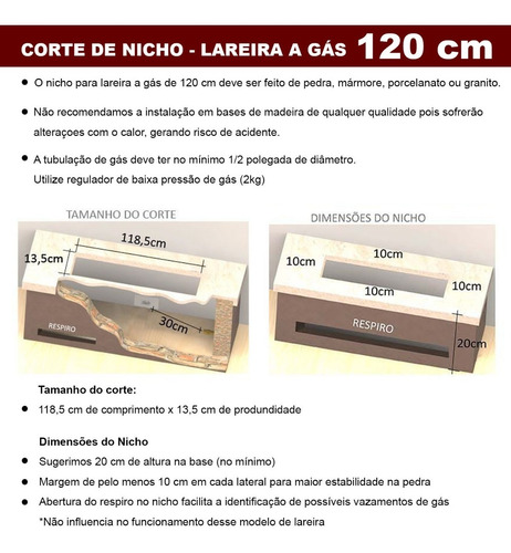 Lareira A Gás Império 120cm Inox 304 Com Chave Fogo E Art