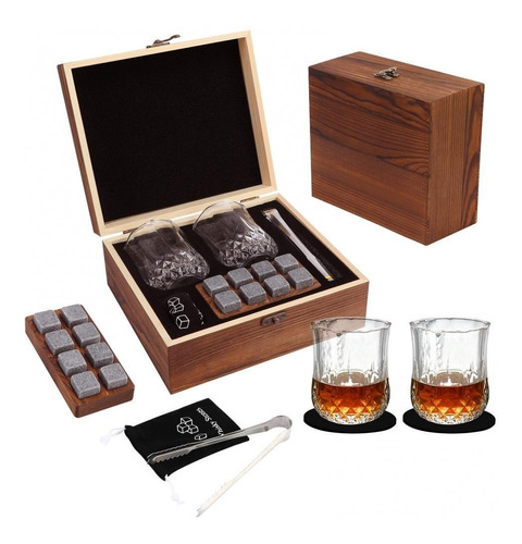 Set Wisky Dos Vasos + Rocas Hielo + Pinzas + Estuche Madera