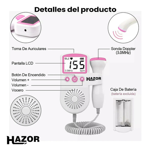 Hazor Doplerd Fetal Monitor Para Escuchar Pulsovital Latidos Bebe Seguridad Ultrasonido Portatil Seguro Y Protegido Mayor Calidad Color Rosa