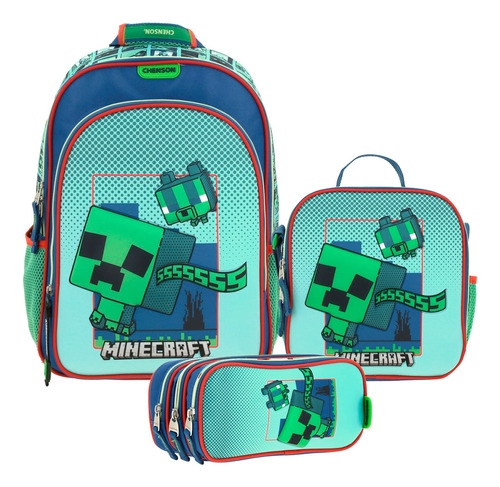 Kit Mochila Lonchera Lapicera Chenson Minecraft Bliper Niño