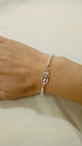 Pulsera Bolitas 3mm De Plata 925 Dije Mano De Fatima