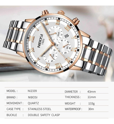 Reloj Nibosi Business Chronograph para hombre, luminoso, color de fondo plateado y blanco
