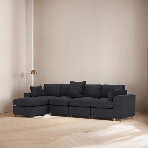 Sofá Sala Modular Plus 4 Plazas + Otomano + Pillow Pack | Gris Oscuro Liso