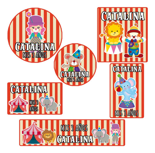 Kit 252 Stickers Circo Rojo Animales Candy Bar Etiqueta