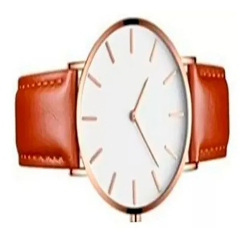 Reloj Ultra Delgado Correa Cafe Fondo Blanco Marco Dorado