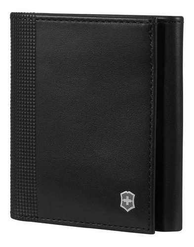 Cartera Victorinox Altius Alox de piel con triple pliegue, color negro, diseño de tela lisa
