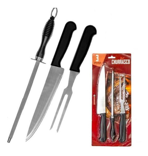 Kit Churrasco 3 Peças Faca Garfo Chaira Aço Inox Cozinha Cor Preto