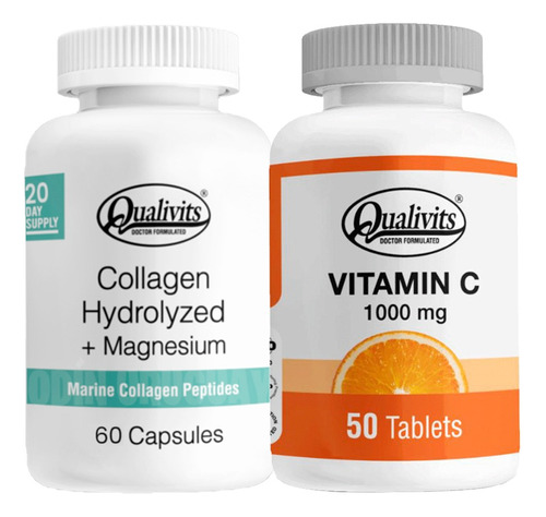 Colágeno Magnesio 60cap + Vitamina C 1000mg 50cap Qualivits Sabor Natural