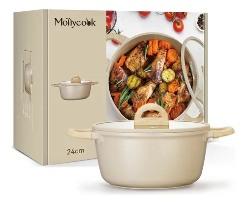 Caçarola Mollycook bege de 24cm ao lado de sua caixa de embalagem com ilustração de prato pronto