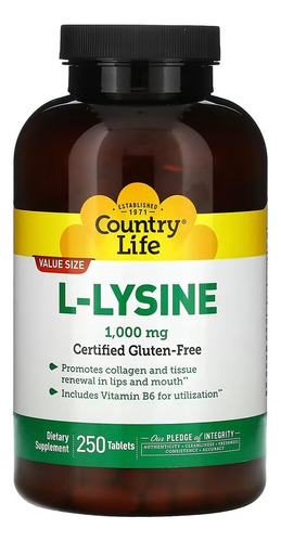 Country Life L Lisine L Lisina 1000 Mg 250 Tabletas Sabor Sin Sabor