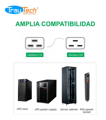 Cable De Poder Ups C19 A C20 1.80 Mts 3x14 Awg 16a Trautech
