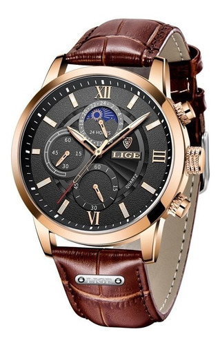 Reloj pulsera Lige LG8932 con correa de cuero color marrón - fondo negro - bisel oro