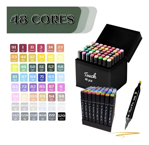 Conjunto 48 Cores Canetas Marcador Ponta Dupla Permanente Preto