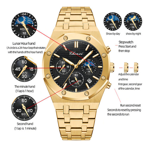 Reloj De Cuarzo Chenxi Moon Phase Chronograph Color Del Fondo Dorado/negro