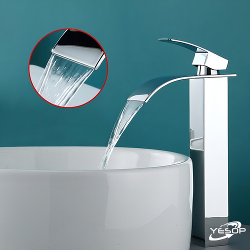Grifo de baño Cuba Alta Cascata Inox, banco de metal Yesop, acabado brillante, color cromado