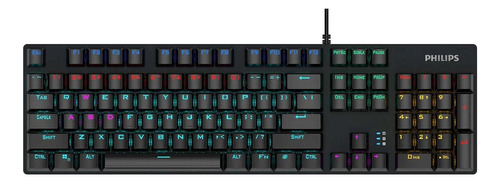 Teclado gamer Philips SPK8404 QWERTY Cyan Blue inglês US cor preto com luz rainbow