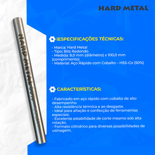 Bits Redondo 8 X 100 - 50% Em Aço Rápido Com Cobalto Hss-c0
