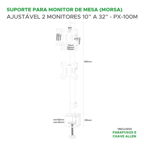 Suporte Ajustável para 2 Monitores com Morsa de 10 Até 32 Pix PX-100M preto