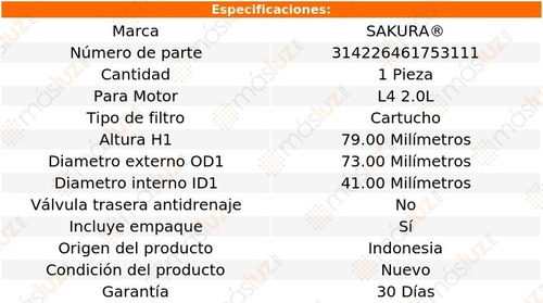 1) Filtro Aceite Bmw 320i 2.0l 4 Cil 13/15 Sakura