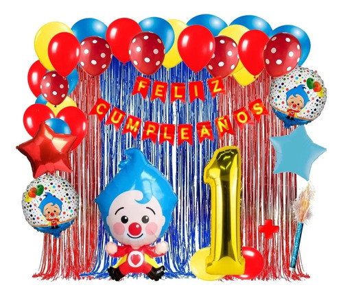 Decoración Globos Payaso Plim Circo Rojo Azul Cortina Numero