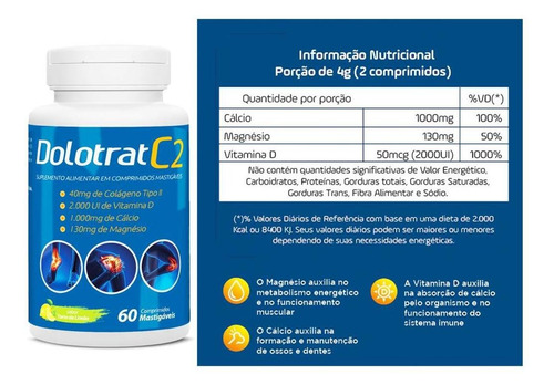 Imagem 2 de 4 de 3x Dolotrat C2 Colageno Tipo 2 40mg + Vitaminas 60 Comps