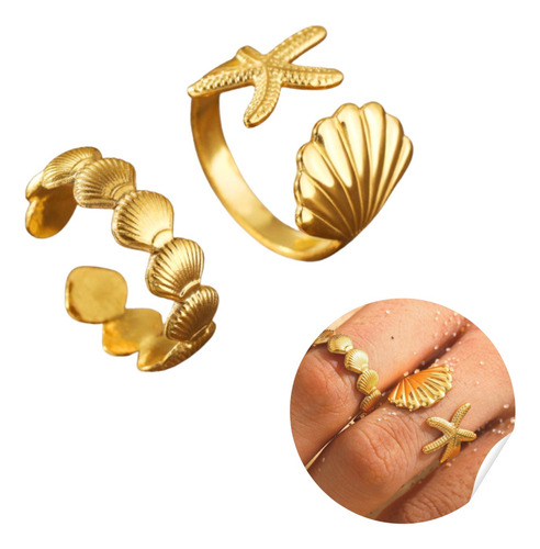 Set Anillos Playa Conchas Y Estrellas De Mar Ajustables Dorado 7