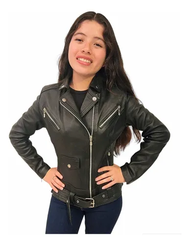 Chamarra Biker Piel Para Mujer Chaqueta Cuero Negra Slim