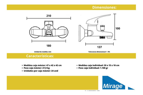 Llave Monomando Tina Ducha Mirage