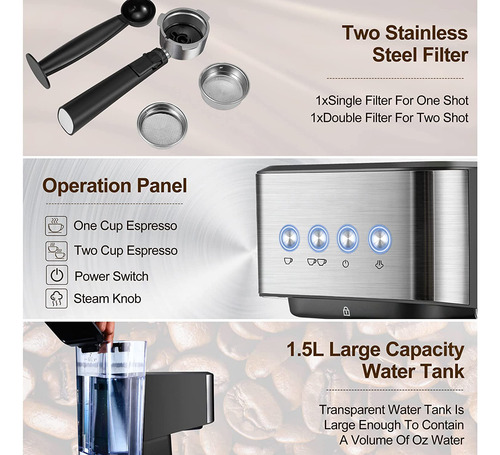 Cafetera Con Barra Espumadora De 1050 W, 15 Máquinas De Vapo