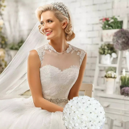 Ramo De Novia Blanco Artificial De Cristal Rosa