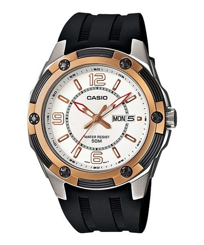Reloj Casio Hombre Mtp-1327-7a1 Agente Caba Malla Negro Bisel Dorado Fondo Blanco