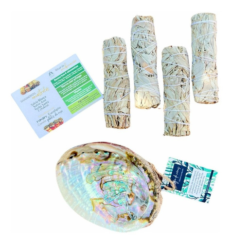 Kit De 4 Sahumerios Con Incensario Natural Concha De Abulón Fragancia Salvia Blanca
