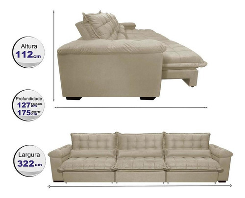 Sofá Retrátil e Reclinável 3,22m com Molas Ensacadas Cama inBox Aconchego Tecido Suede Bege