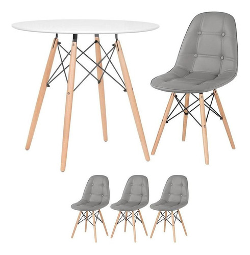 Kit Mesa Jantar Eames Wood 80 Cm 3 Cadeiras Capitone Botone Cor Mesa Branco Com Cadeiras Cinza