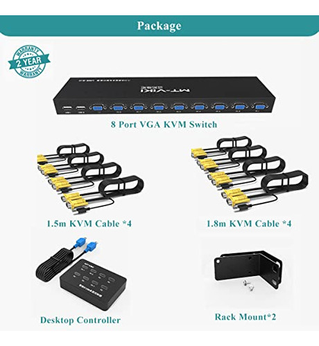 Mt-viki Kvm Switch 8 Port, 8x1 Rackmount Kvm Switch Vga,