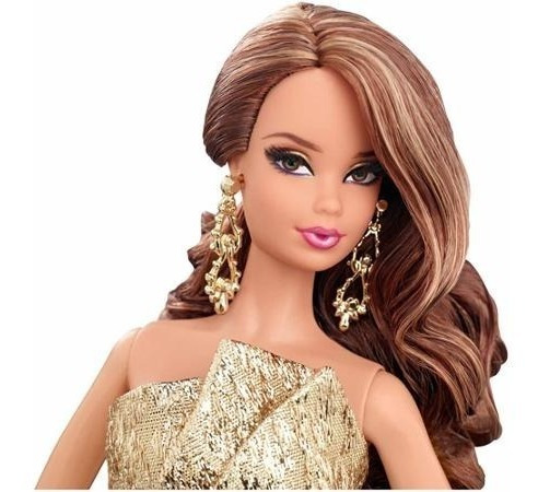 Muñeca Barbie Look Con Vestido Dorado Cfp36