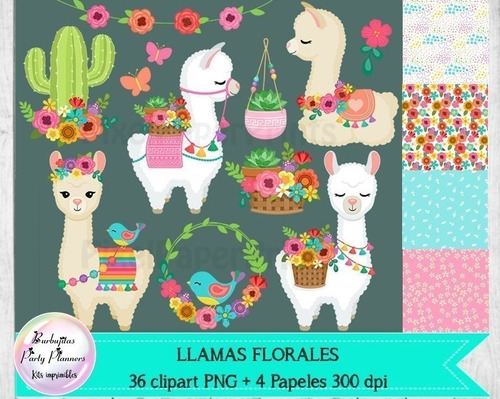 Cliparts Y Papeles Llamas Alpacas Florales Kit Imprimible