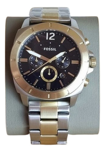 Reloj Para Caballero Fossil Bq2815 Correa Dorado Con Plateado Bisel Dorado Fondo Negro