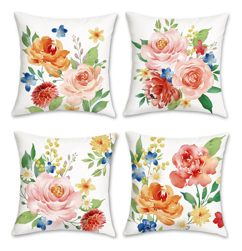 Juego De 4 Fundas De Almohada De Peonía 45x45cm, Rosa Floral