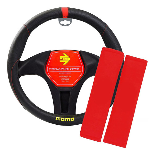 Cubrevolante Deportivo Momo + Cubrecinturón Para Tuning Negro Y Rojo