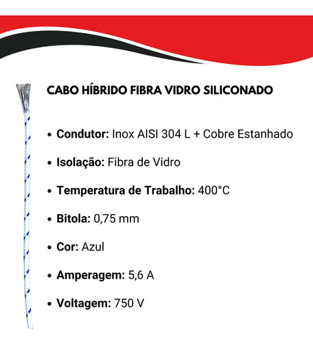 Cabo Fio Híbrido 0,75 Mm² Alta Temperatura 400°c 5 Metros