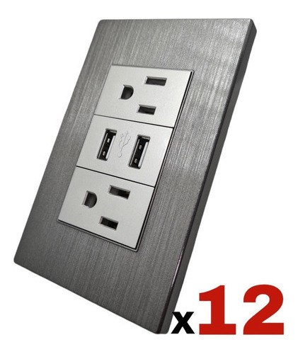 12 Pzas Placa Contacto Doble Carga Usb Duplex Tomacorriente Gris