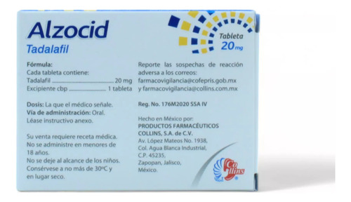 Alzocid Tadalafil 20mg - Collins, Con 8 Tabletas
