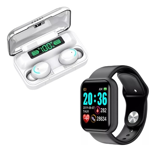 Combo Smartwatch D20 Y68 + Auricular Inalambrico F9-5 Blanco