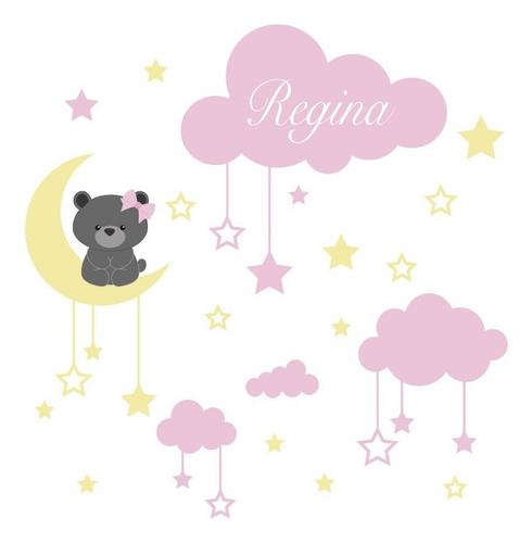 Vinilo Decorativo Oso, Nubes, Estrellas Rosa Incluye Nombre Sí