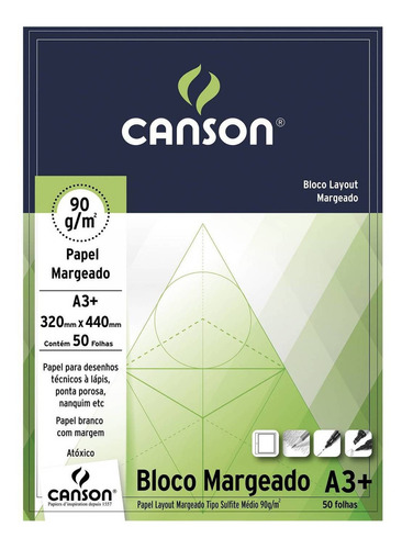 Bloco Canson Layout Margeado 90g Branco A3 C/ 50 Folhas