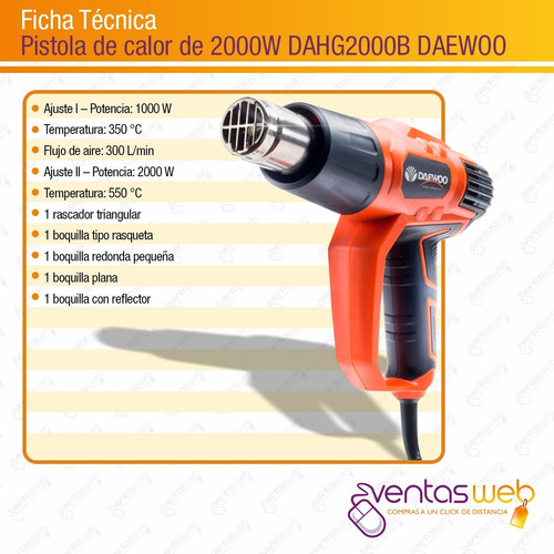Imagen 4 de 5 de Pistola De Calor Electrica 2000w Daewoo + 5 Accesorios