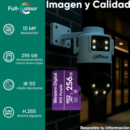 Kit Cronos Cámara De Seguridad Dahua Ip Pt Ipc-wpt1539dd-sw-5e2-pv Wifi Cruiser Dual 10mp Imagen A Color 24/7 Audio Doble Vía Alarma Auto Tracking + Microsd 256gb + Accesorios Cctv Wpt1539d-plus-256